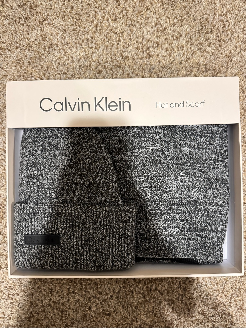 Calvin Klein Black & Gray Marled Knit Hat and Scarf Set